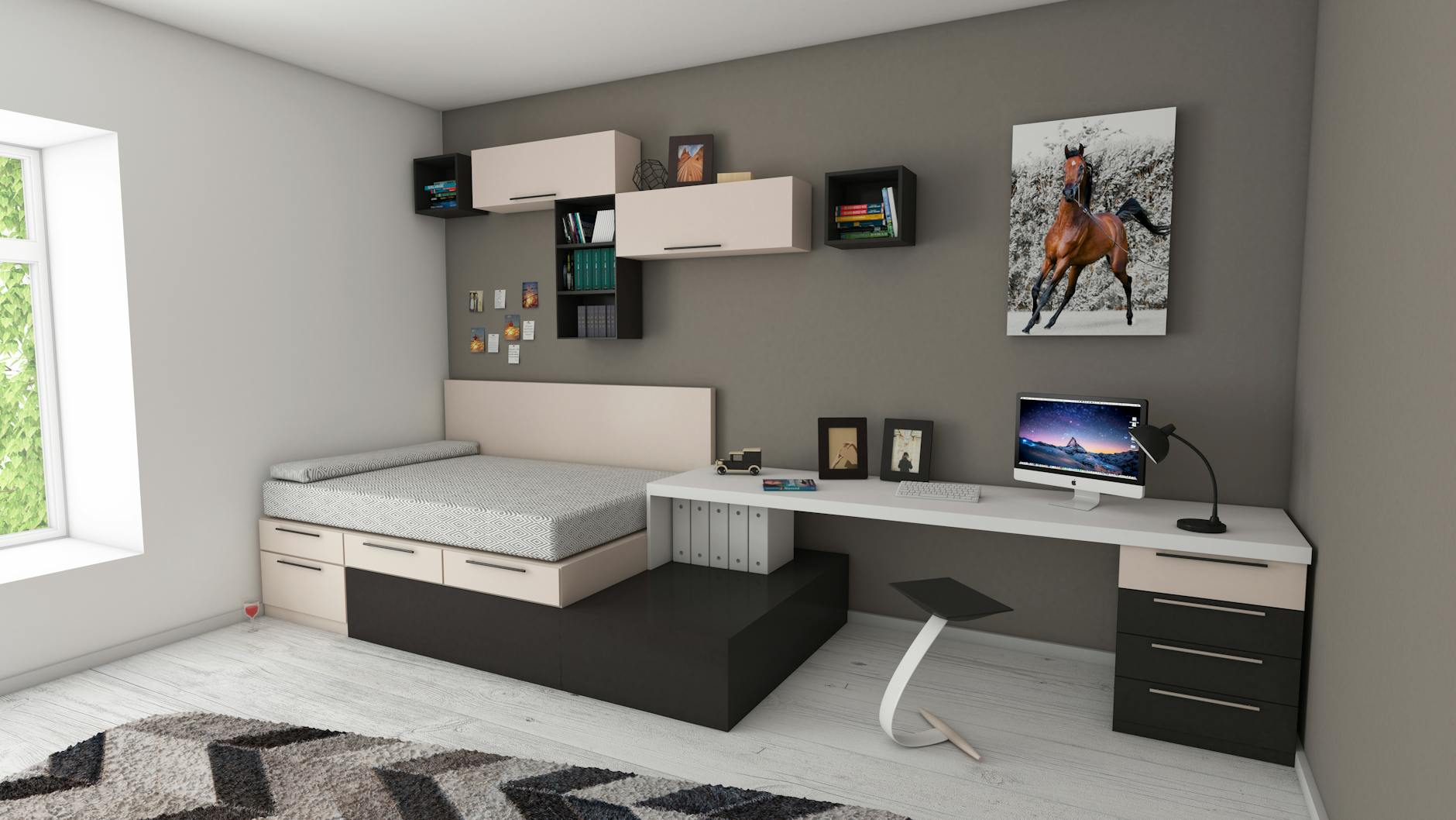 white and black desk beside bed and window